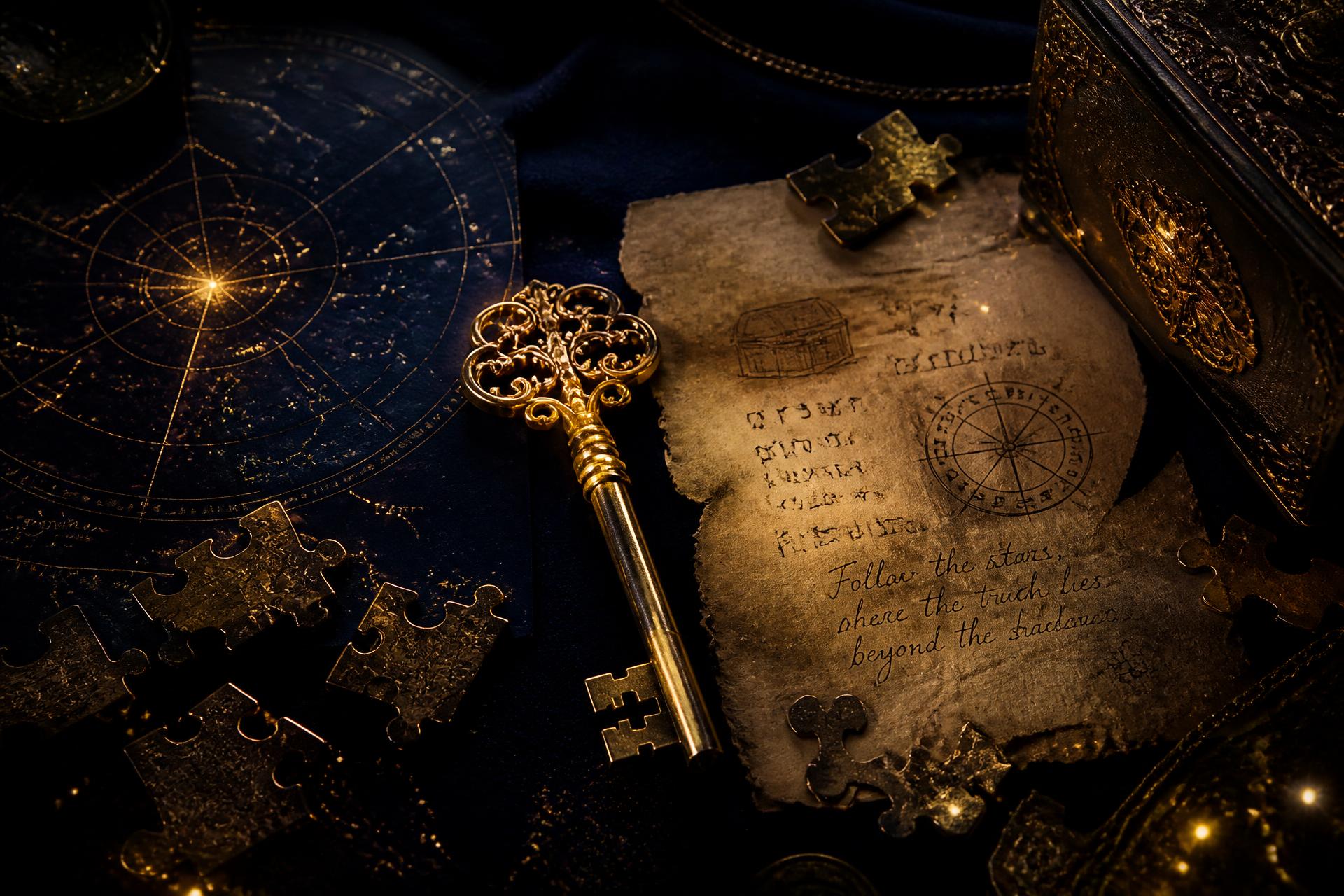 Goldener Schlüssel, Pergament mit Hinweisen und Puzzleteile vor Sternenkarte